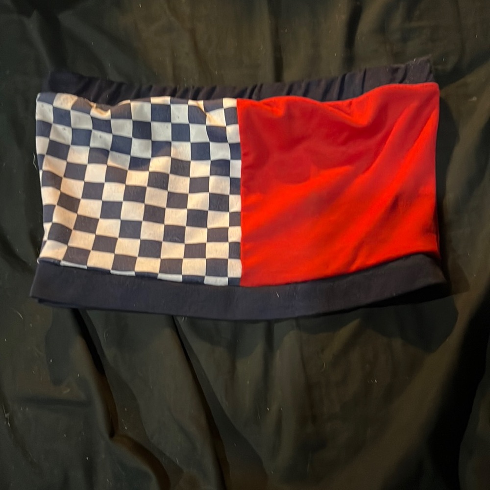 Red/blue/white checkered tube top. Size large